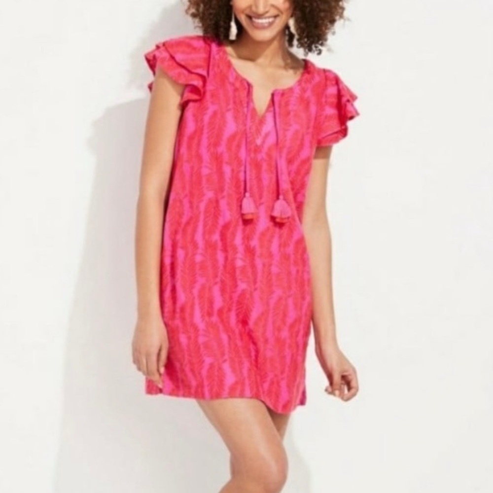 Vineyard Vines Pink Coverup Mini Tunic Dress Ruffled Embroidered V Neck